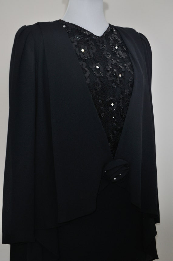 1980s Black Cape Dress with Sequins Lace / Small … - image 8
