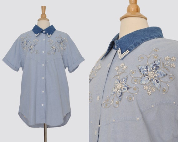 Vintage Denim Shirt Embroidered Women / 2XL XXL P… - image 1