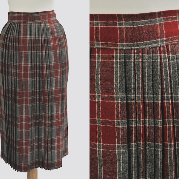 Vintage Midi Skirt Pleated Plaid / Women XS Waist 23 Inches / 1950s 1960s Wool Tartan High Waisted / 50s 60s Fall White Checked School Girl