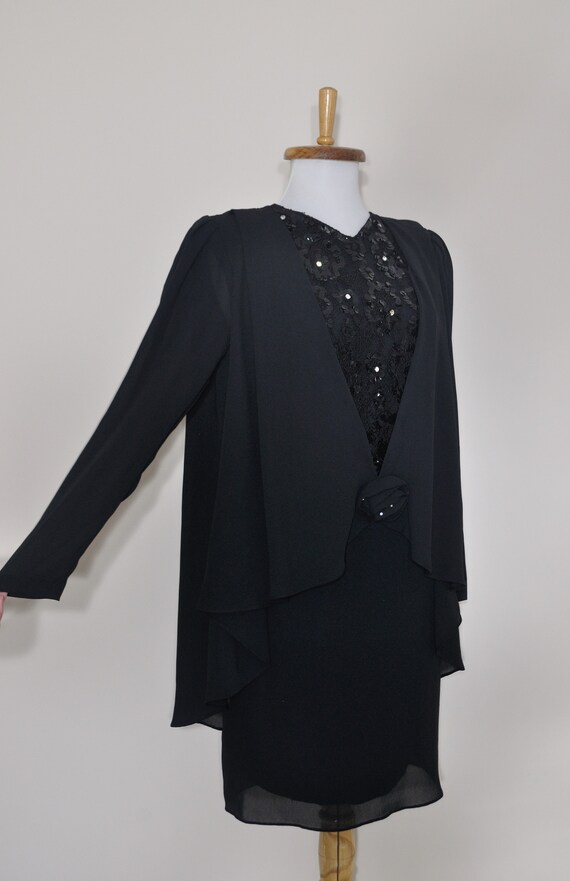 1980s Black Cape Dress with Sequins Lace / Small … - image 7