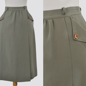 1980s Slit Midi Skirt with Pockets / Small Women / Vintage 80s 90s Long High Waisted Sage Grey Button Up Down / Serge Nancel 1990s Designer