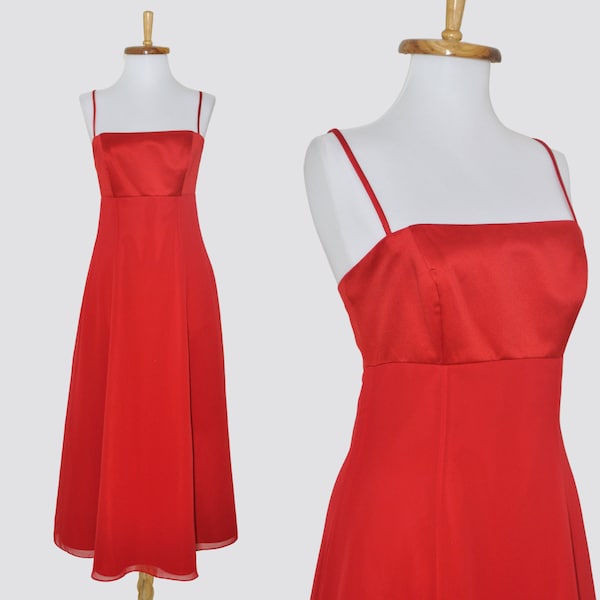 90s Chiffon Midi Dress / Medium Women / Vintage 1990s Y2K Alfred Angelo Red Satin Empire Spaghetti Strap Tea Length / Simple Matching Set