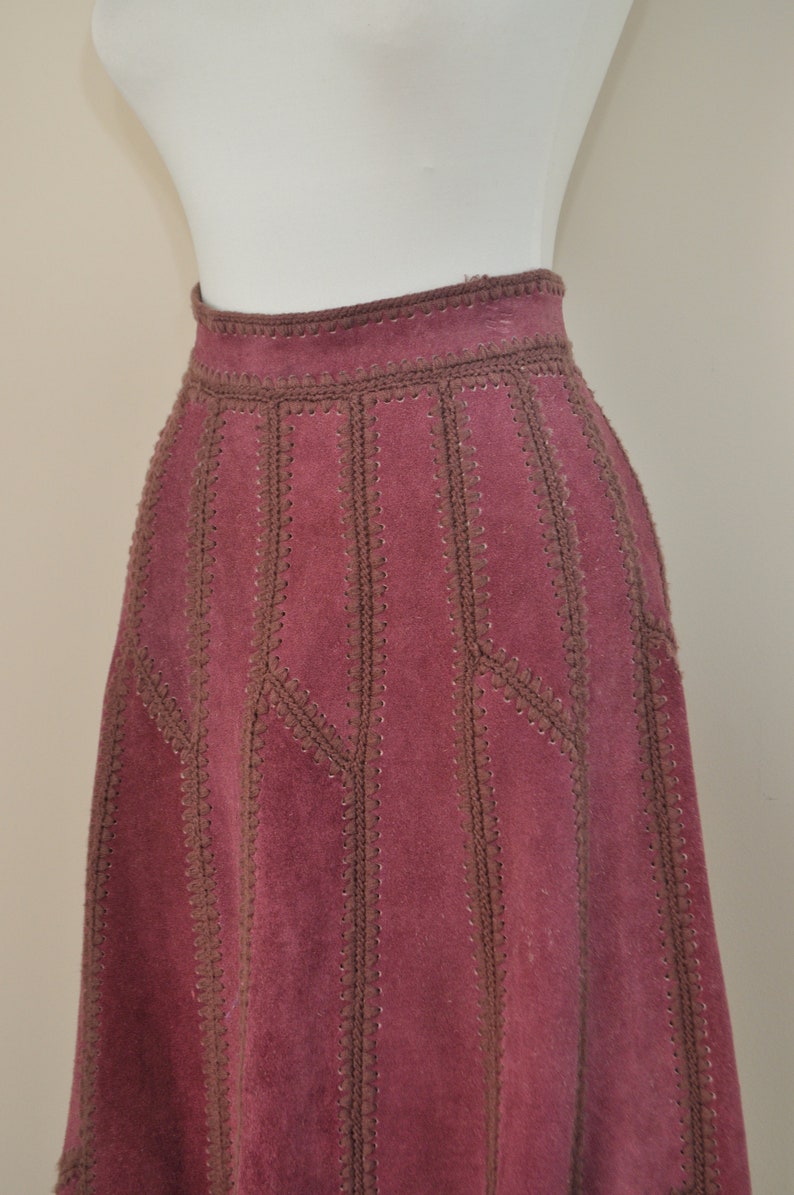 70s Patchwork Skirt Vintage 1970s Purple Suede Leather Crochet High Waisted A Line Midi Women Medium 60s Boho Hippie Bohemian Festival
