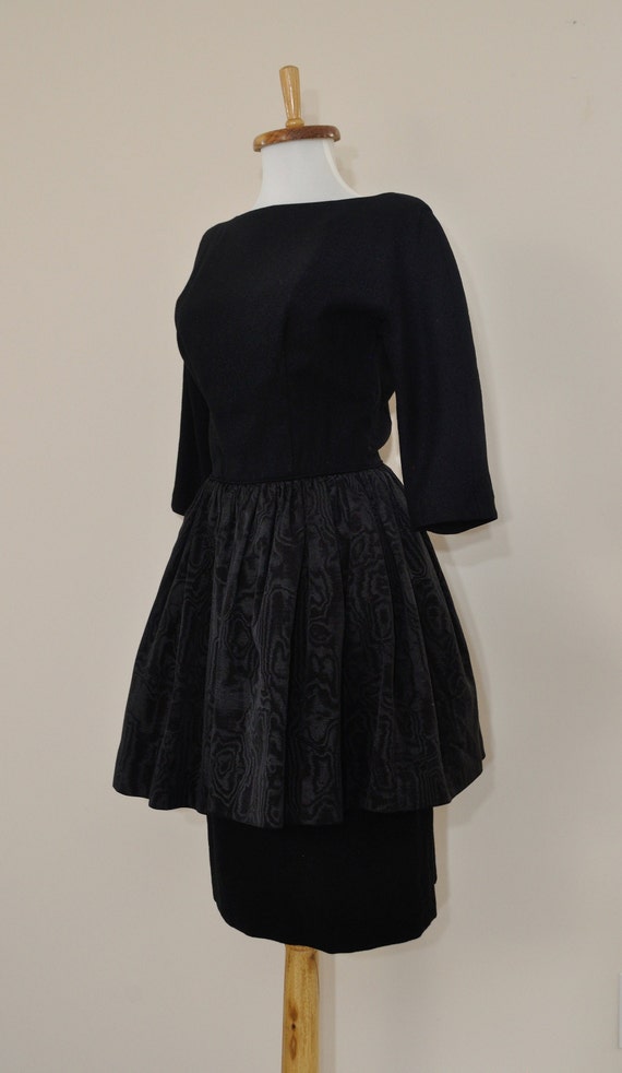 50s Black Dress / Vintage 1950s Wool Moire Peplum… - image 2