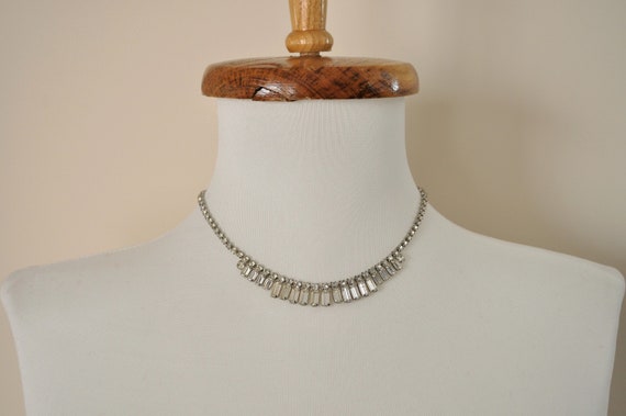 50s Rhinestone Necklace Vintage 1950s 1960s White Crystal Silver Choker Collar Bib Costume Jewelry Wedding Prom Bridal Evening Cocktail