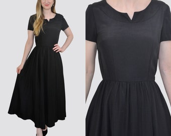 1950s Black Maxi Dress Gown / Small Women / Vintage 40s 50s Notched Jewel Neckline High Waisted Faille LBD / 1940s Christmas Holiday Formal