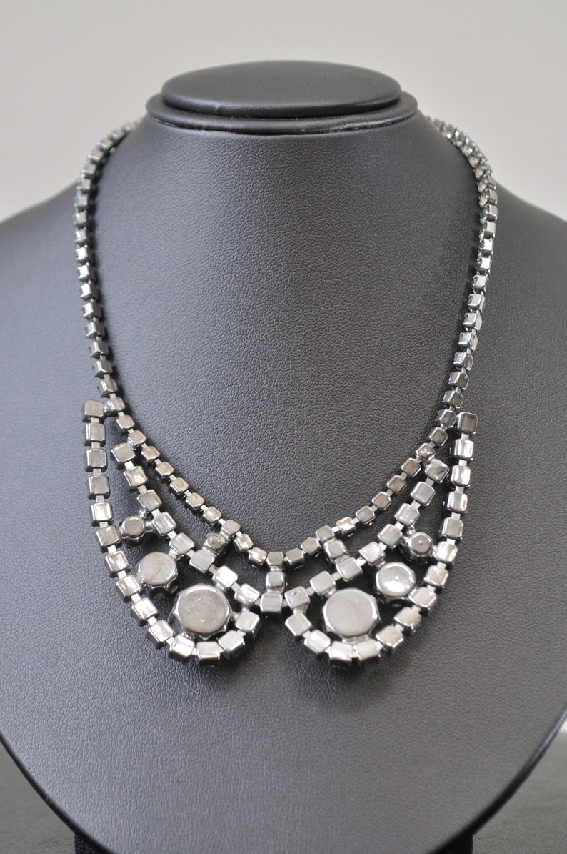 50s Rhinestone Necklace Vintage 1950s 1960s White Crystal Silver Choker Collar Bib Costume Jewelry Wedding Prom Bridal Evening Cocktail