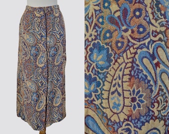 Vintage Maxi Skirt Paisley Tapestry / Women Small / 1960s 1970s Button Up Down Floral Purple / 60s 70s Rhodes California Boho Hippie Fall