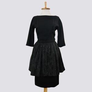 1950s Black Peplum Dress / Vintage 50s Wool Moire Cocktail LBD Midi Bateau Neck / Women Small Medium / 1960s 60s Minx Modes Long Sleeves