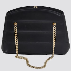 Vintage Black Handbag with Gold Chain / 1950s 1960s Leather Vinyl Pleather Clutch Purse / 50s 60s Mid Century Women Structured Retro Bag