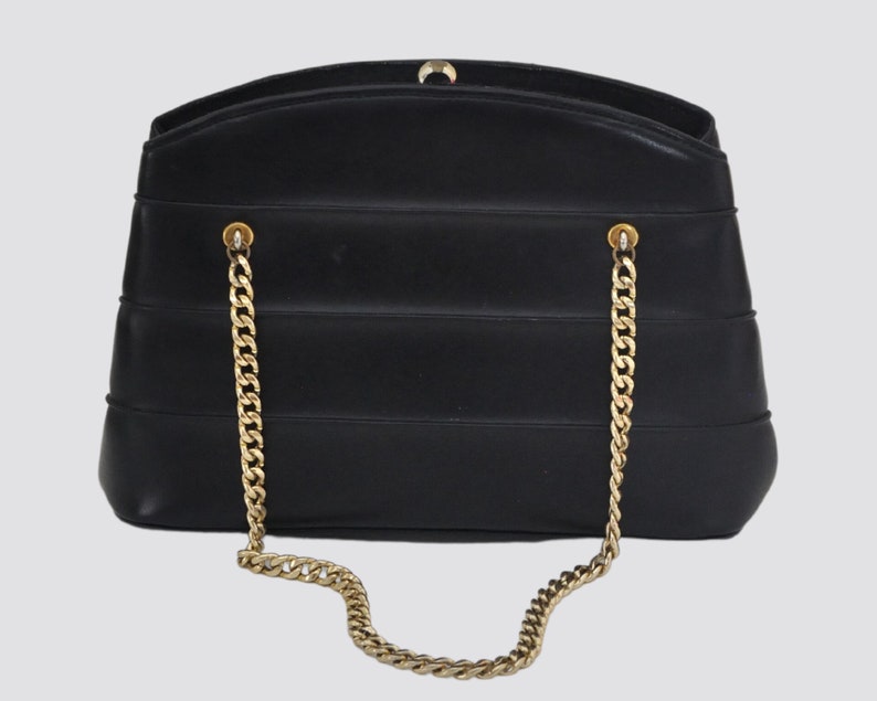 Vintage Black Handbag With Gold Chain / 1950s 1960s Leather Vinyl Pleather Clutch Purse / 50s