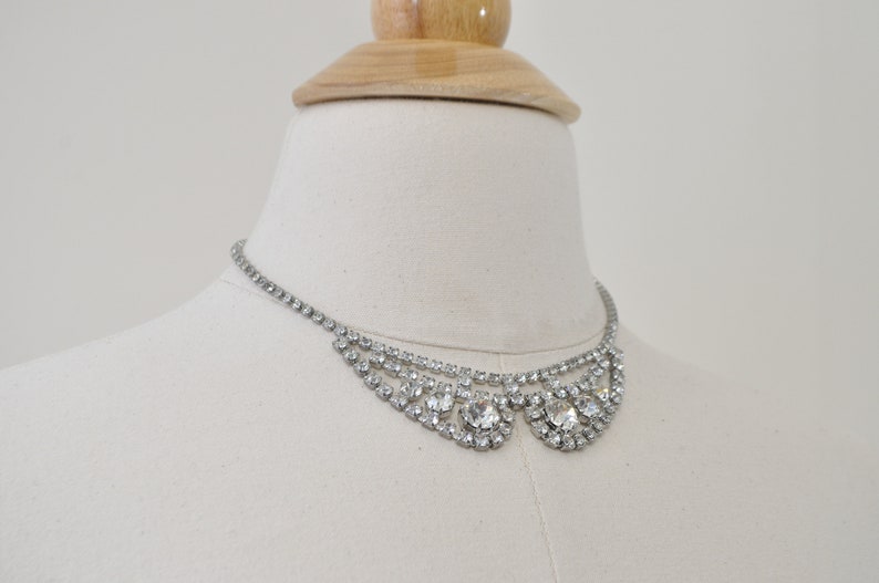 50s Rhinestone Necklace Vintage 1950s 1960s White Crystal Silver Choker Collar Bib Costume Jewelry Wedding Prom Bridal Evening Cocktail