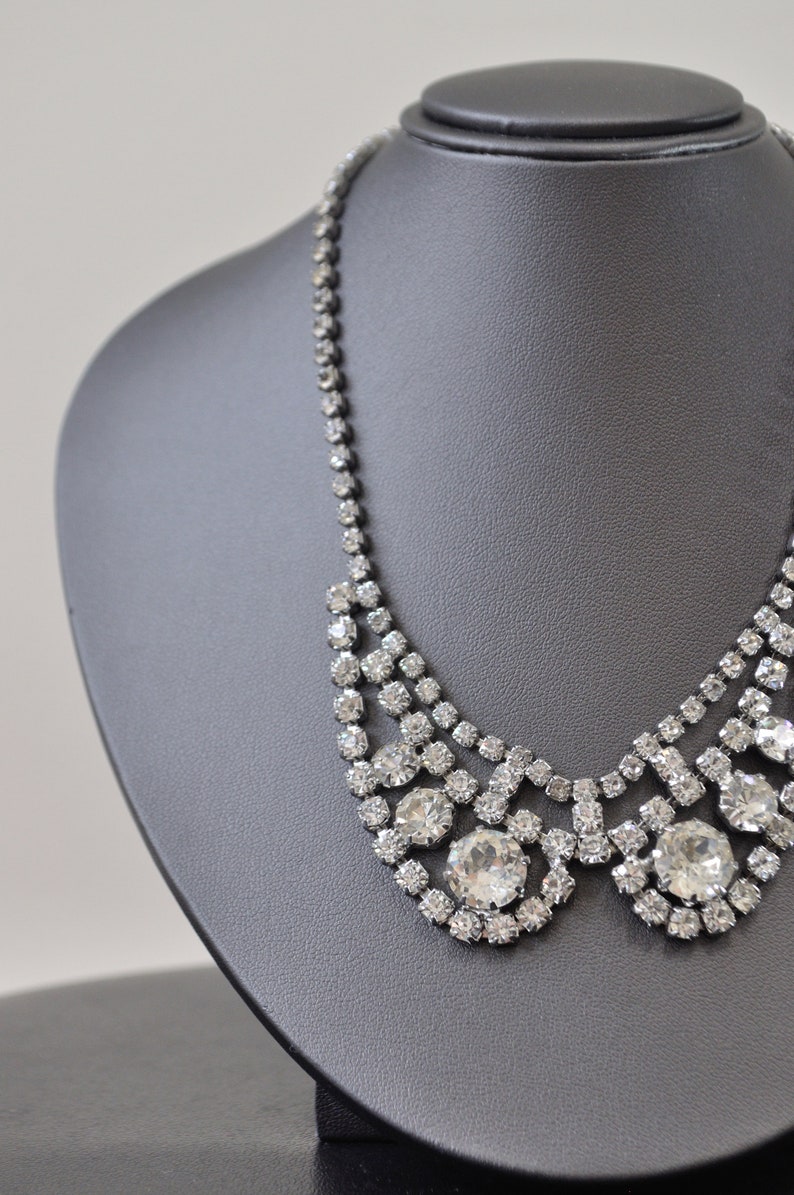 50s Rhinestone Necklace Vintage 1950s 1960s White Crystal Silver Choker Collar Bib Costume Jewelry Wedding Prom Bridal Evening Cocktail