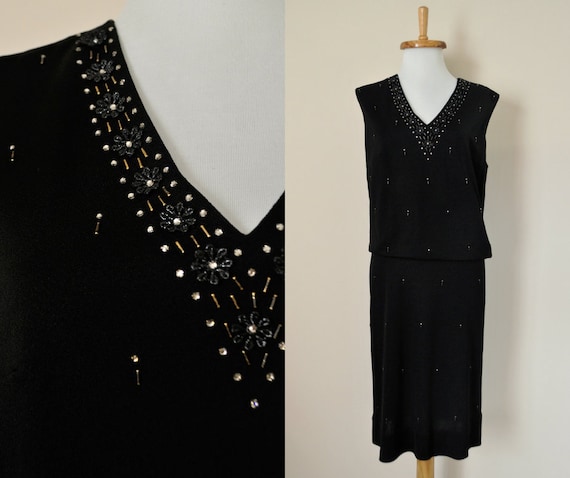 Retro Little Black Cocktail Dress Medium 60s Retro Sleek Crepe Sheath LBD with Rhinestones