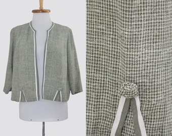 Jaqueta cortada vintage xadrez/médio grande feminino/década de 1960 60s sage pistachio bege houndstooth blazer curto boxy/terno de lã com frente aberta