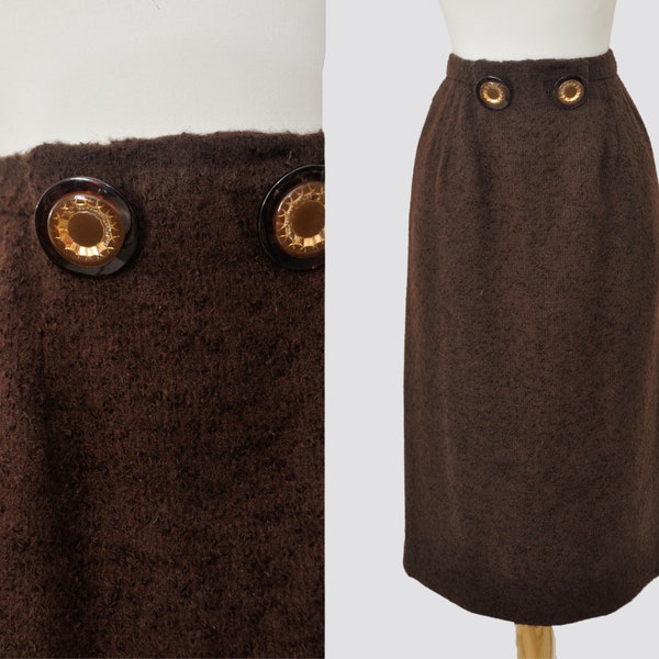 1960s Boucle High Waisted Pencil Skirt / Women XS / Vintage 1950s 60s Dark Brown Textured Wiggle Fitted Midi with Large Statement Buttons
