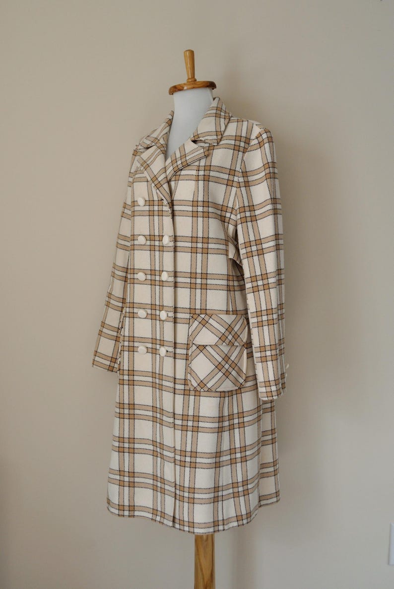 Small 1960s Tweed Coat Plaid Woven Winter Car Coat Mod Double Breasted