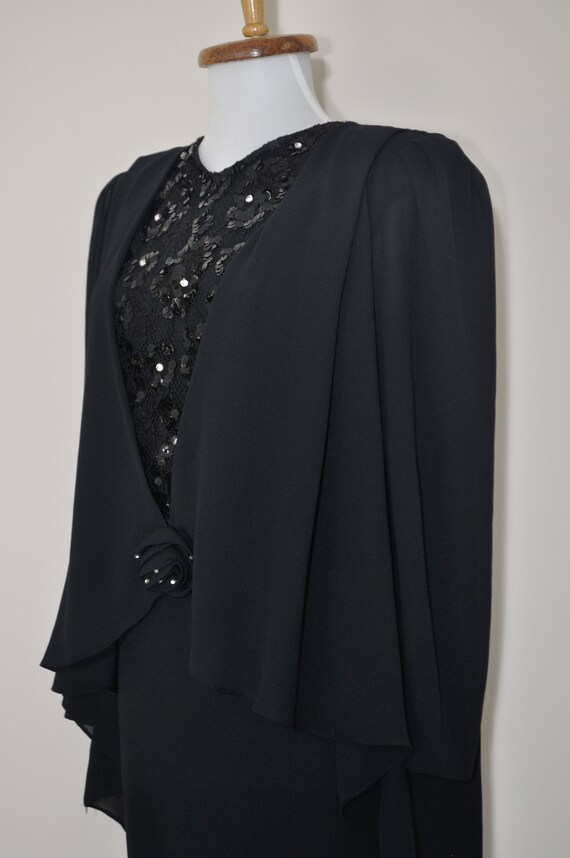 1980s Black Cape Dress with Sequins Lace / Small … - image 3