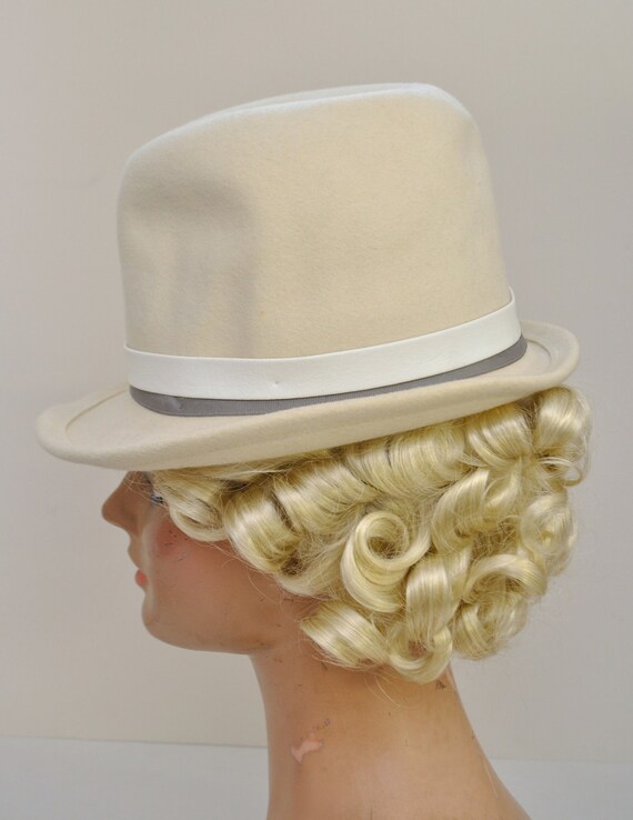 White Fedora Hat / Vintage 1960s 1970s Cream Wool… - image 4