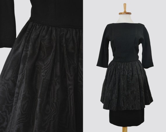 50s Black Dress / Vintage 1950s Wool Moire Peplum… - image 1