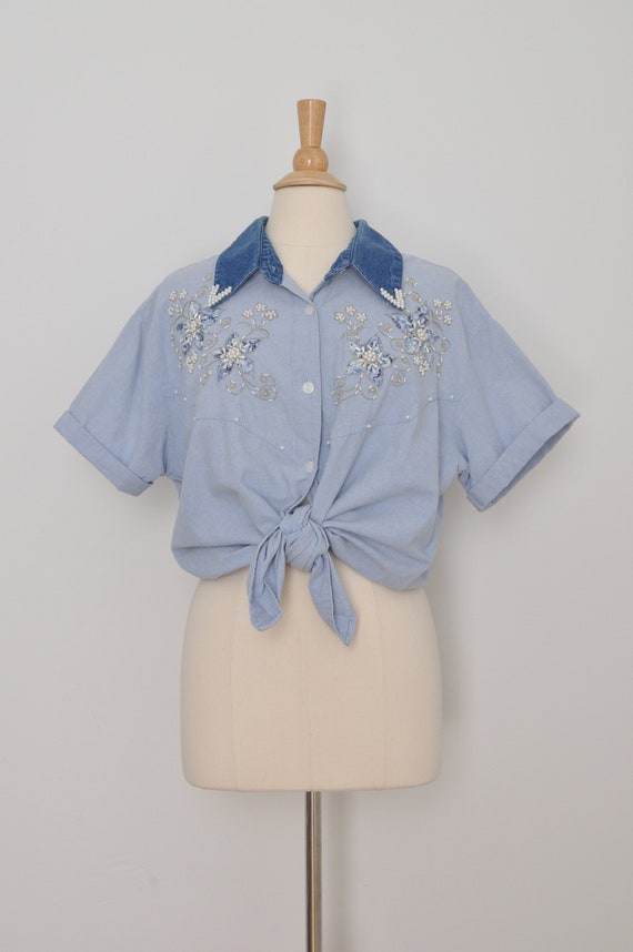 Vintage Denim Shirt Embroidered Women / 2XL XXL P… - image 2
