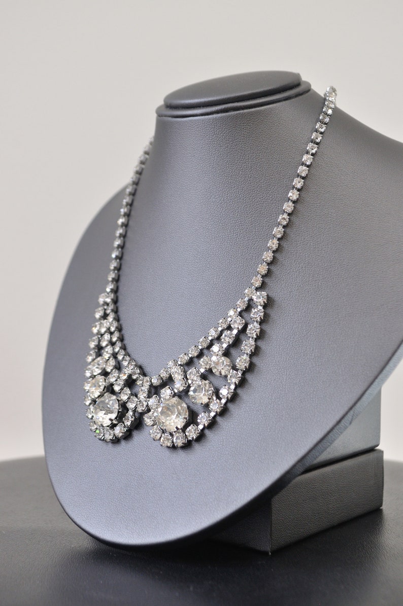 50s Rhinestone Necklace Vintage 1950s 1960s White Crystal Silver Choker Collar Bib Costume Jewelry Wedding Prom Bridal Evening Cocktail