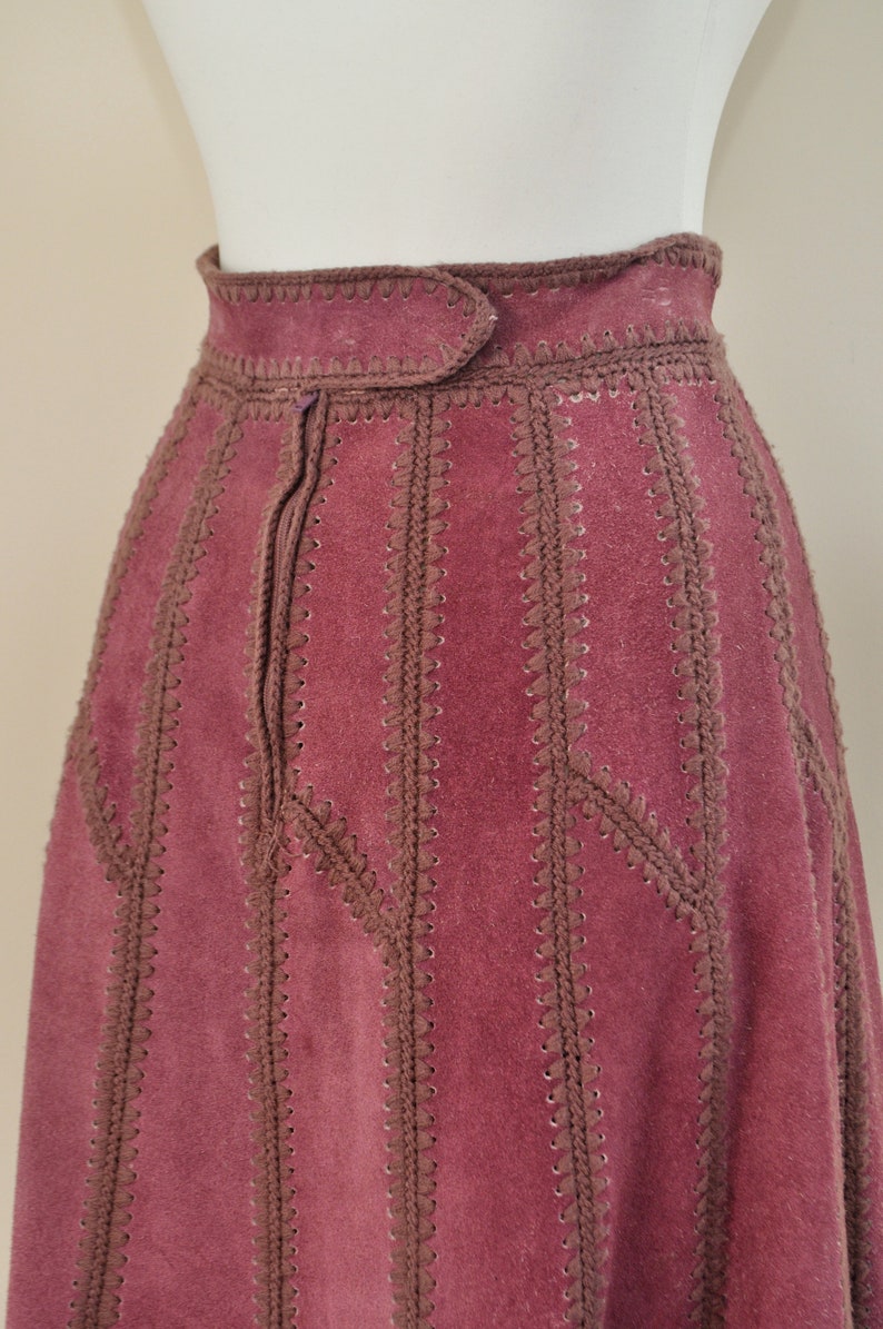 70s Patchwork Skirt Vintage 1970s Purple Suede Leather Crochet High Waisted A Line Midi Women Medium 60s Boho Hippie Bohemian Festival