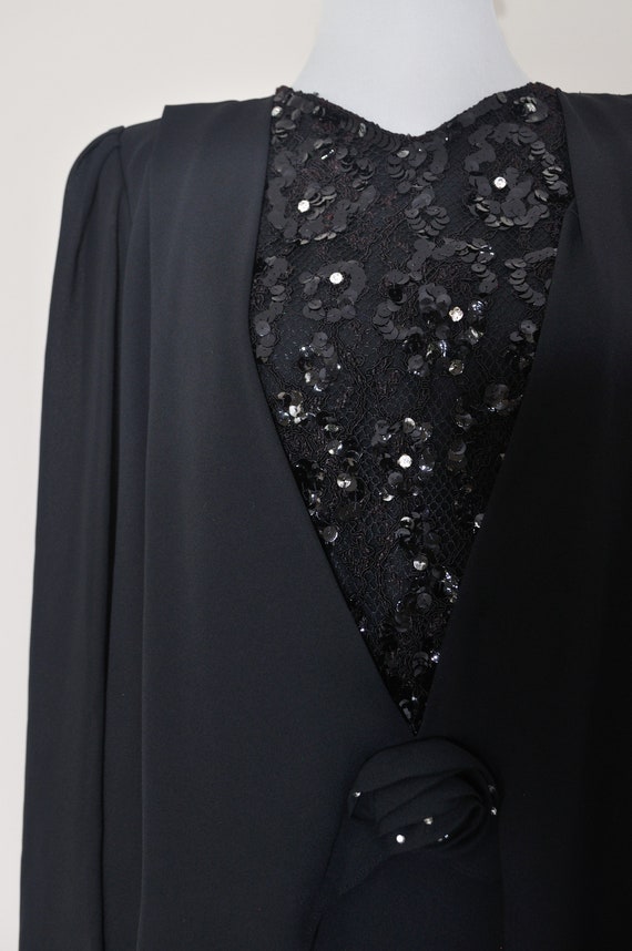 1980s Black Cape Dress with Sequins Lace / Small … - image 10