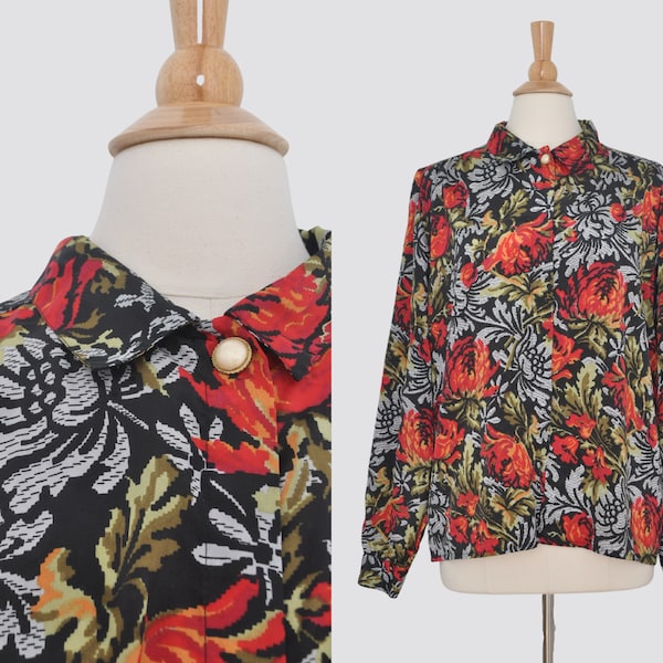 Chemisier à imprimé floral audacieux des années 1980 / femme plus 2XL XXL volup / vintage des années 80 des années 1990 surdimensionné perle haut boutonné / chemise à manches longues automne