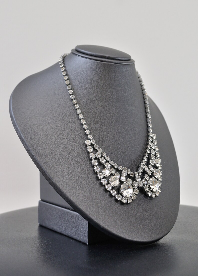 50s Rhinestone Necklace Vintage 1950s 1960s White Crystal Silver Choker Collar Bib Costume Jewelry Wedding Prom Bridal Evening Cocktail