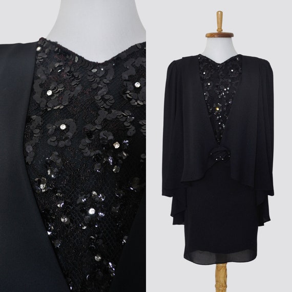 1980s Black Cape Dress with Sequins Lace / Small … - image 1