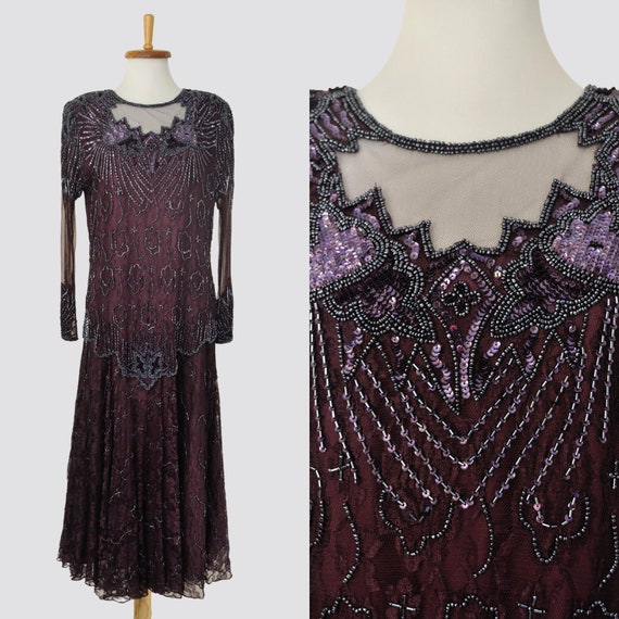 Vintage Beaded Lace Dress Maroon / Women Large / … - image 1