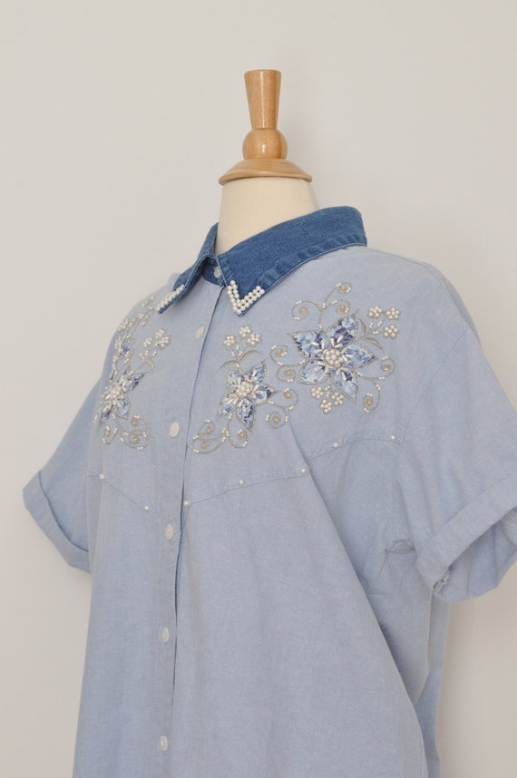 Vintage Denim Shirt Embroidered Women / 2XL XXL P… - image 5