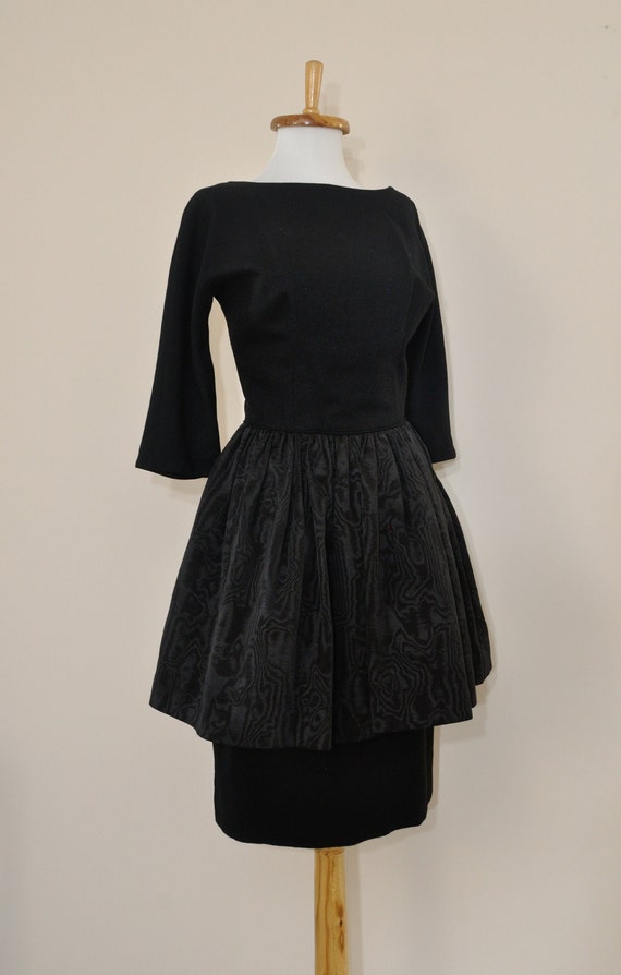 50s Black Dress / Vintage 1950s Wool Moire Peplum… - image 8