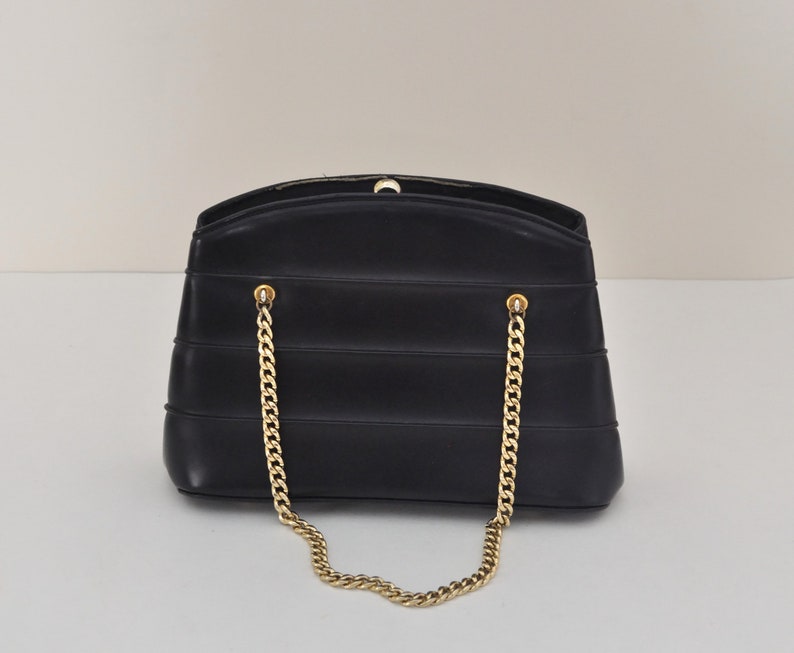 Vintage Black Handbag With Gold Chain / 1950s 1960s Leather Vinyl Pleather Clutch Purse / 50s