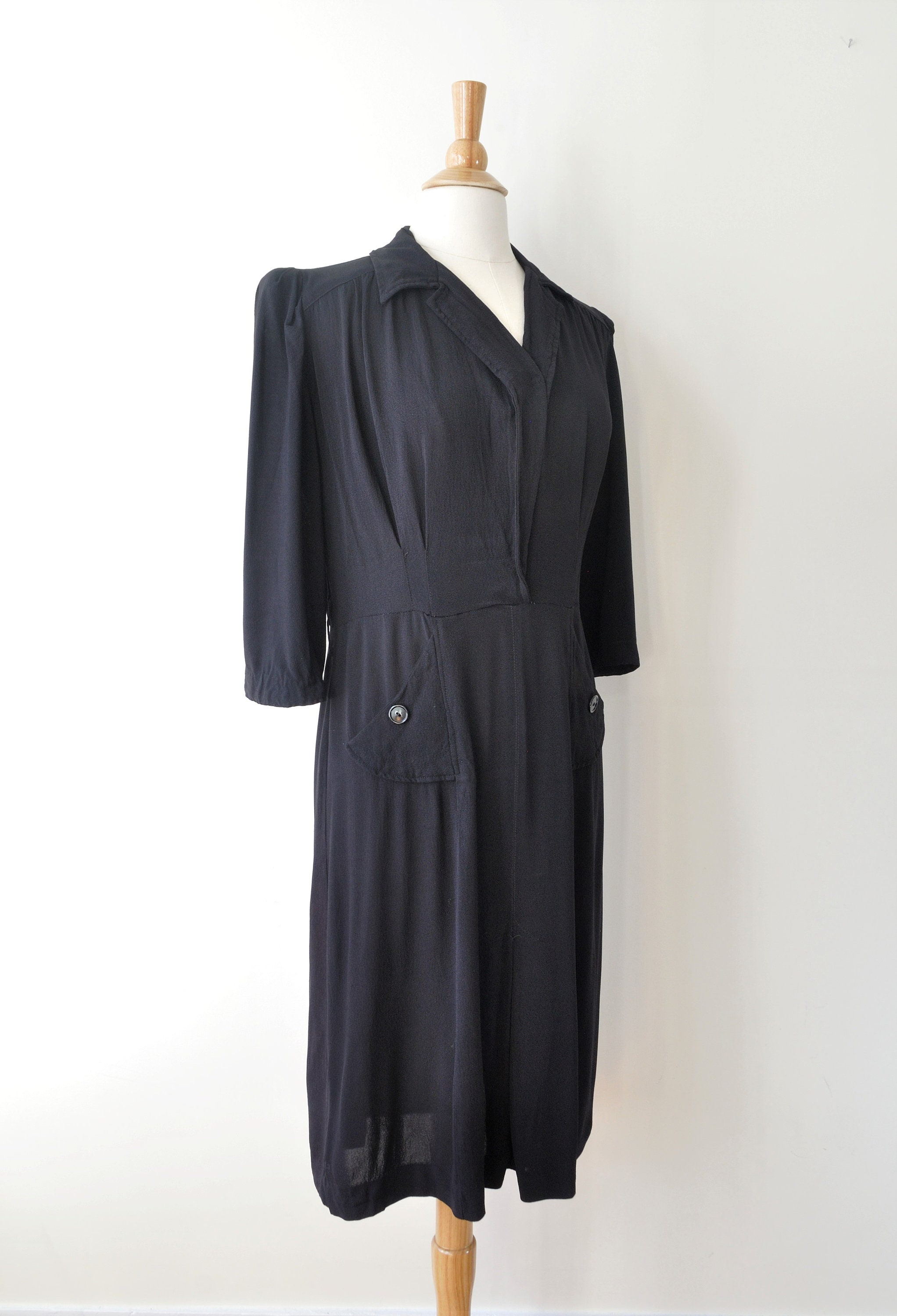 40s Black Dress / Vintage 1940s Crepe Collared Wrap Neckline | Etsy