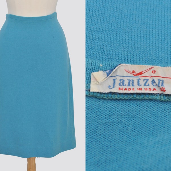 60s Jantzen Knit Skirt / Vintage 1960s Aqua Blue Pencil Fitted Wiggle Body Con Stretchy Midi / Women Large / 1950s 50s Retro Wool Sportswear