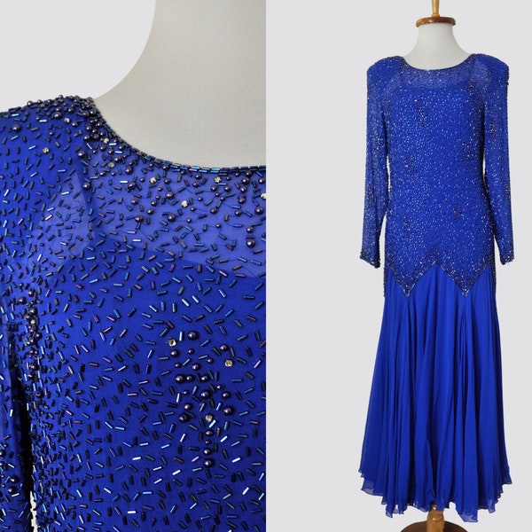 1980s Silk Chiffon Beaded Dress / Medium Women / Vintage Oleg Cassini 80s 90s Formal Long Sleeve Gown / Does 20s Mother of the Bride Groom