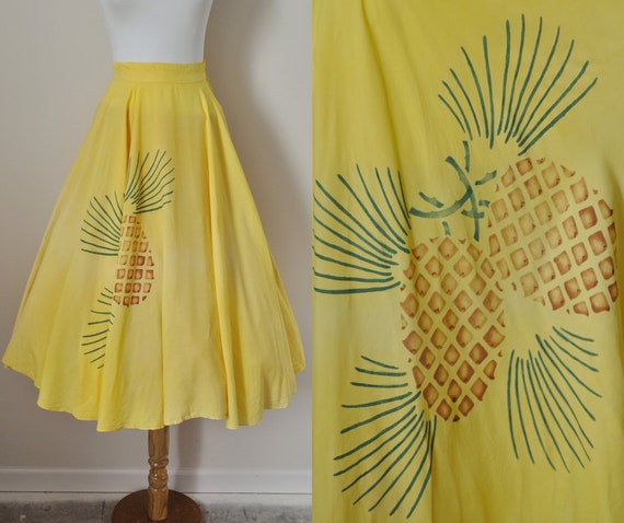 50s Yellow Skirt / Vintage 1950s Fruit Pineapple L