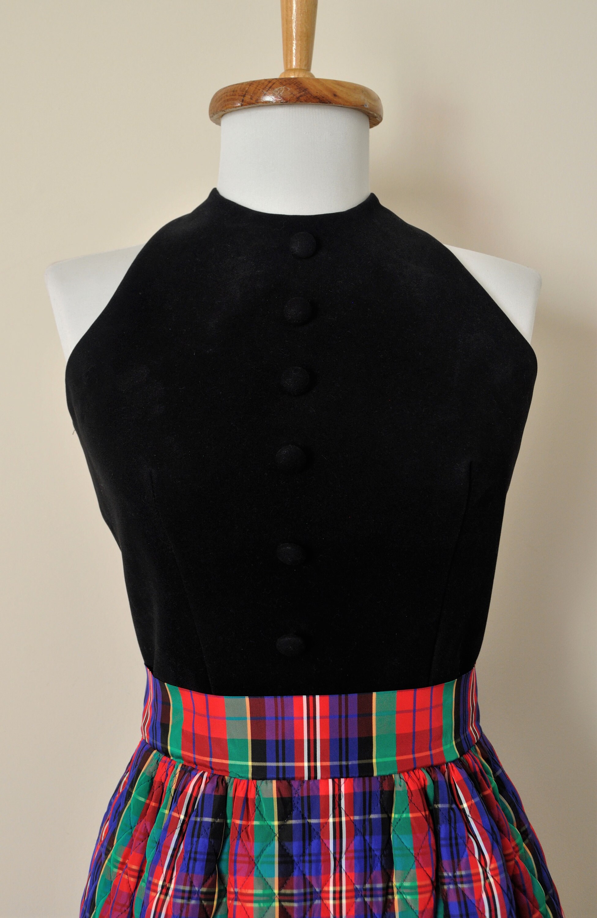 Vintage 1970s Black Wool Plaid Midi Dress