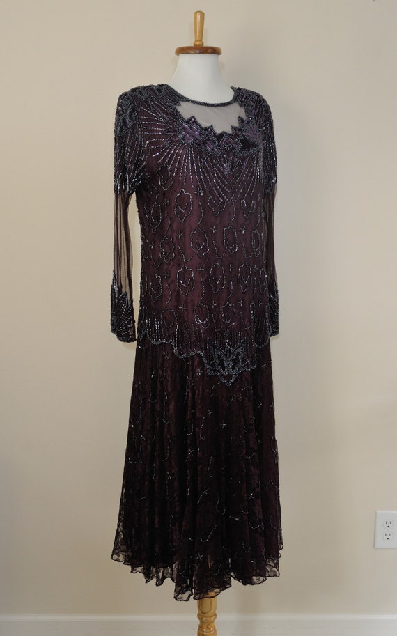 Vintage Beaded Lace Dress Maroon / Women Large / … - image 9
