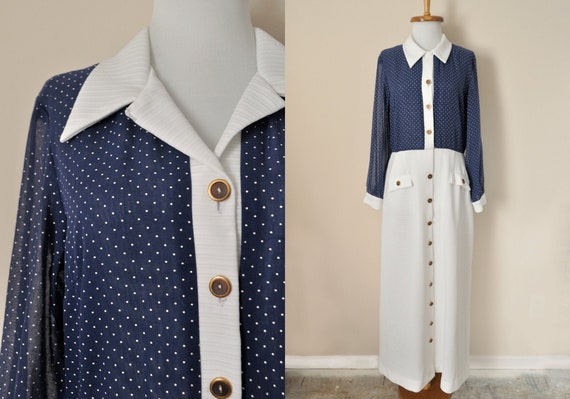70s Maxi Dress / Vintage 1970s Navy Blue White Pol