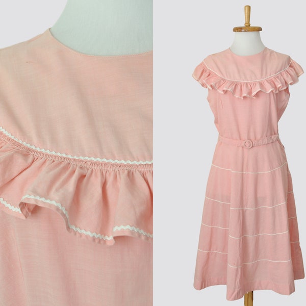 1940s Day Dress with Matching Belt / Medium Large Women / As Is Vintage 40s 1950s Pink Ruffle Belted Ric Rack / 1930s Casual Wounded Bird