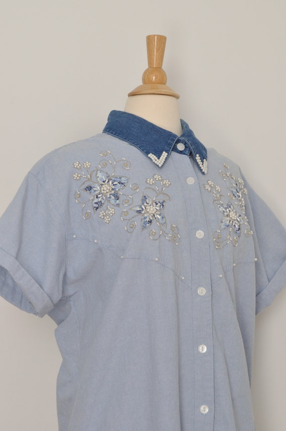 Vintage Denim Shirt Embroidered Women / 2XL XXL P… - image 8