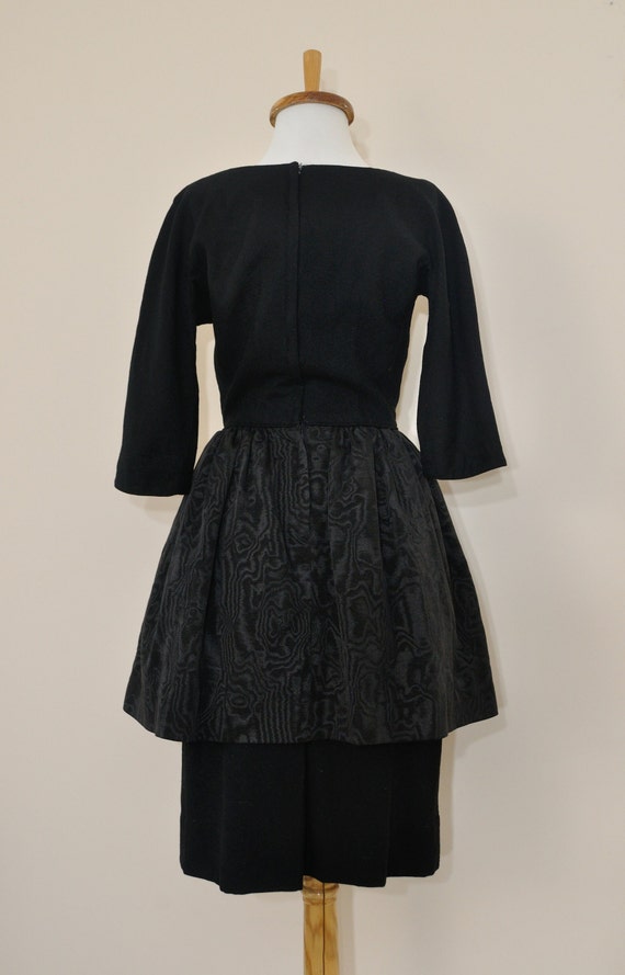 50s Black Dress / Vintage 1950s Wool Moire Peplum… - image 5