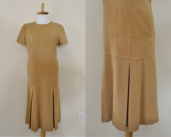 60s Brown Dress / Vintage 1960s Beige Drop Waist M