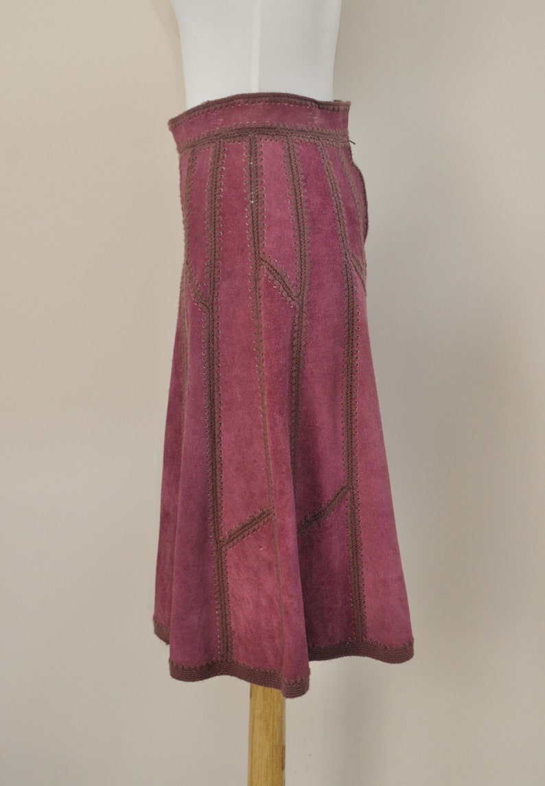 70s Patchwork Skirt Vintage 1970s Purple Suede Leather Crochet High Waisted A Line Midi Women Medium 60s Boho Hippie Bohemian Festival