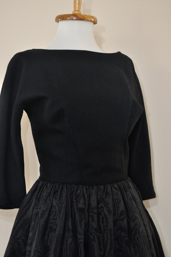 50s Black Dress / Vintage 1950s Wool Moire Peplum… - image 9