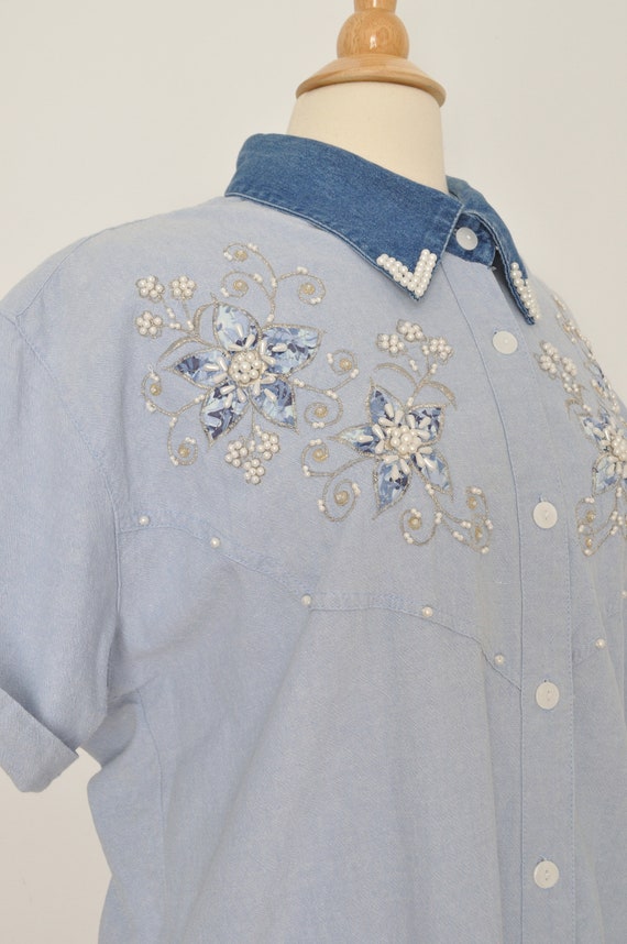 Women's Vintage Print Casual Denim Shirt