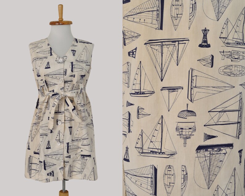 60s Mini Dress Vintage 1960s Cream Off White Navy Blue Ship Boat Novelty Print Micro Tunic Women Small Medium Mod Button Up Nautical